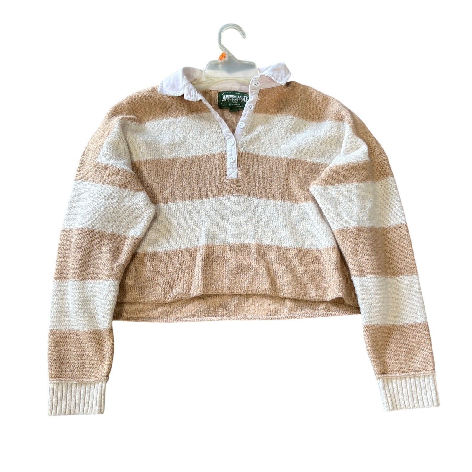 American Eagle Crop Sweater Womens Size M Tan White Pullover 1/4 Zip Jacket Knit