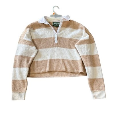 American Eagle Crop Sweater Womens Size M Tan White Pullover 1/4 Zip Jacket Knit