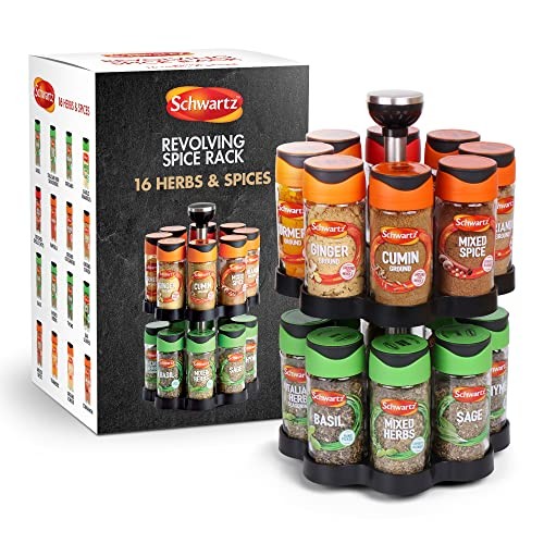 Schwartz Rotating Spice Rack, Space Saving, Includes 16 Herbs and Spices Jars