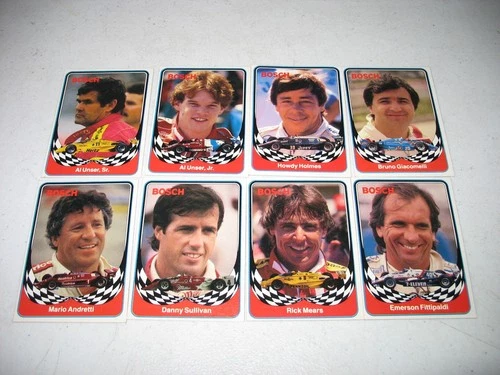 Bosch Spark Plugs Indy Car Trading Card Set  (8)  Andretti / Unser  (1986)