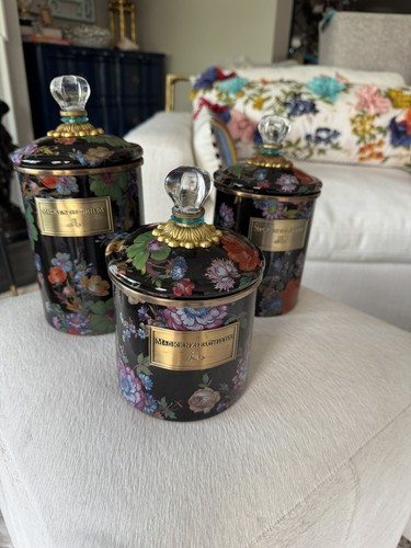 MacKenzie-Childs Set of 3 Vintage Black Flower Market Canister Set