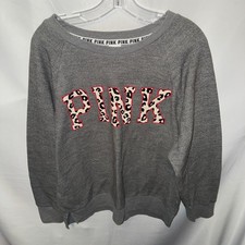 VICTORIAS SECRET PINK Gray Cheetah Pullover Sweatshirt Logo Women's Med