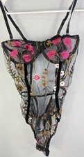 Black Mesh Bodysuit With Floral Embroidery Size Medium New No Tags