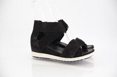 Eileen Fisher Women's Viv Sandal Size 8.5 Wedge Heel Ankle Strap Black Nubuck