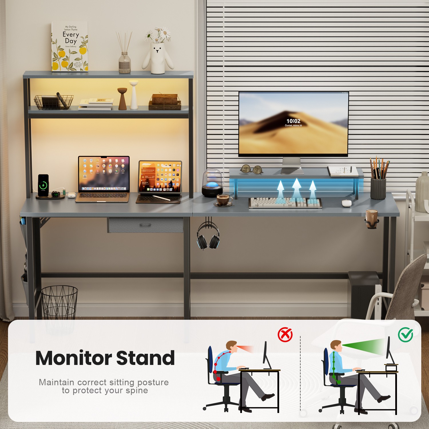 59 inch L Shaped Gaming Desk with LED light & Power Outlets, PC Desk with Drawer