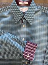 Paul Fredrick Dress Shirt Teal Plaid Trim Fit Non Iron 100 Cotton Men's 15.5-33