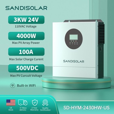 SANDISOLAR 3000W 24V Hybrid Inverter 100A Solar MPPT Charger OFF Grid Inverter 