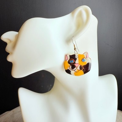 Vintage Calico Cat womens earrings dangle drop hand painted porcelain light