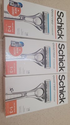 3x Schick Quattro Titanium Men Razor 4 Blades (3 razor handles + 9 Cartridges )