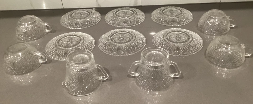 COMBO 1940s Federal Heritage Hobnail crystal 4 Cup, 6 Saucer, creamer, sugarbowl - Image 2 of 4