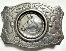 Moving Horse Head with Scalloped Edge Belt Buckle Silver Tone 3.25" x 3.25"