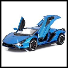 Blue Diecast Metal Toy Car - Light and Sound Pull-Back Vehicle for Kids