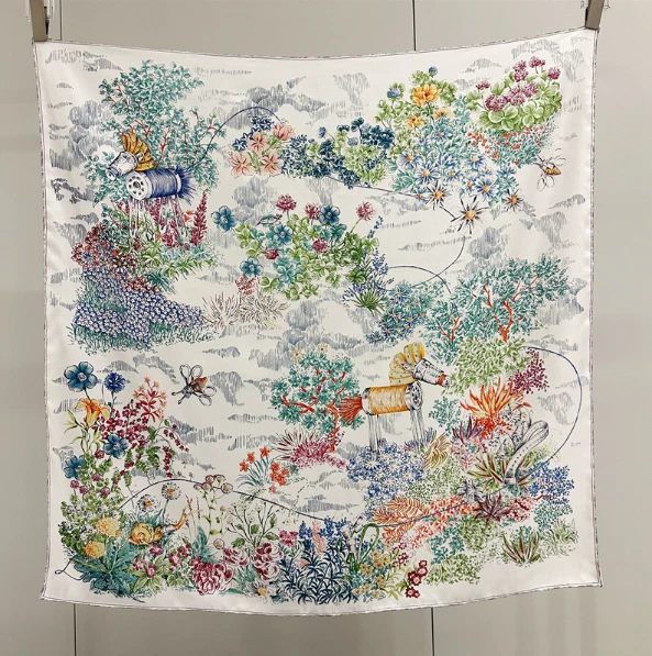 14 Momme Twill Silk Bandanna Scarf Square cluster Print Shawl 35'' kerchief Wrap