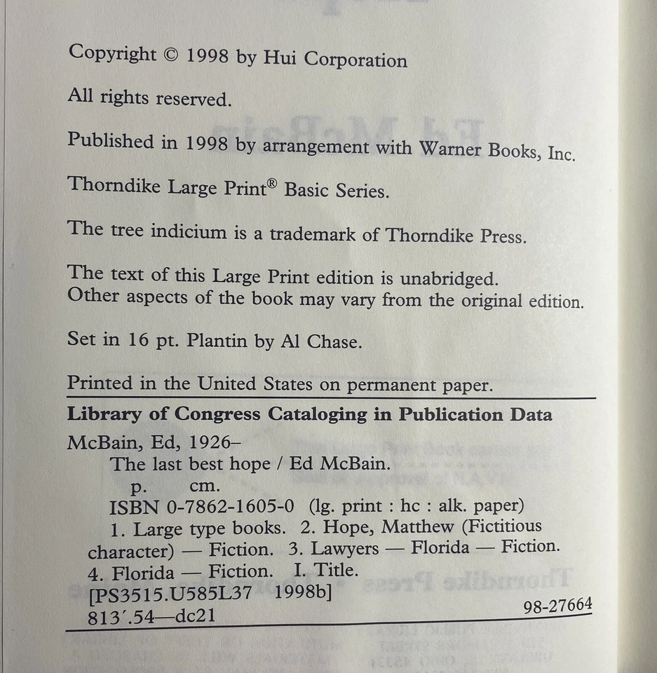 The Last Best Hope Ed McBain HB Ex Library Book Large Print - Image 4 of 4