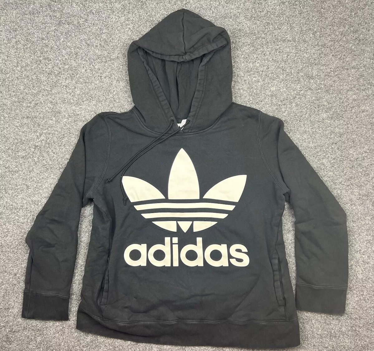 Adidas Trefoil Hoodie Sweatshirt Black White Pullover Pockets Big Logo  Women's M | eBay