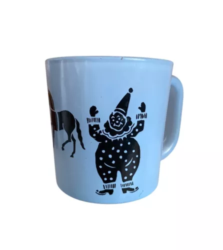 Vintage 1950s Hazel Atlas Blue Child's Mug Circus Theme w/Elephant & Clown Desig
