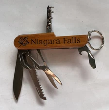 *USED* 10 FUNCTION ENGRVAED (NIAGARA FALLS) WOODEN HANDLE MULTI-TOOL-FREE SHIP*