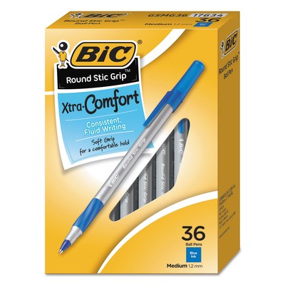 BIC Round Stic Grip Xtra Comfort Ballpoint Pen, Blue, 1.2mm, Medium, 36/Pack