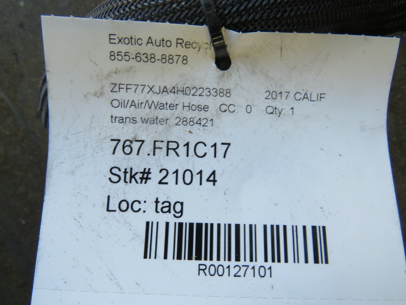 Ferrari California T, Transmission Gearbox Coolant Hose, Used, P/N 288421