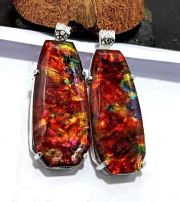 101 Ct+ Natural Ammolite Multi Color 925 Solid Silver Pendant Gemstone 2 Pcs