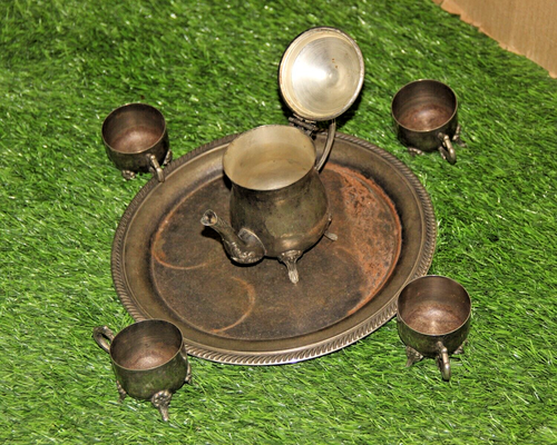 18th Vintage Brass Nickel Plated Set of 6 Arabian Tea Pot With Cup & Plate Set - Picture 9 of 12