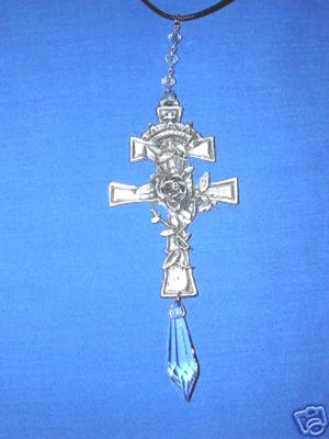 HUGE CROSS and ROSE VINE with AUSTRIAN CRYSTAL DANGLE ORNAMENT PEWTER PENDANT
