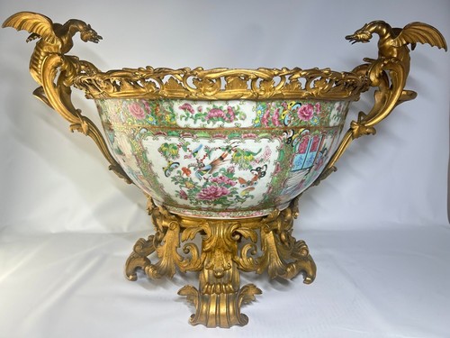 19th Century Chinese Porcelain Rose Medallion Punch Bowl, Ormulu Bronze Mount - Picture 10 of 12