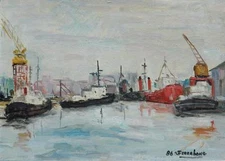 Oil on Board Painting Industrial Boat Harbor Argentina Artist Septimo Ferrabone