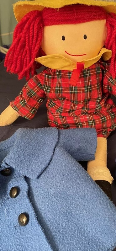 Madeleine Doll with Plaid Dress, Blue Coat, Pink Bathrobe, Raincoat