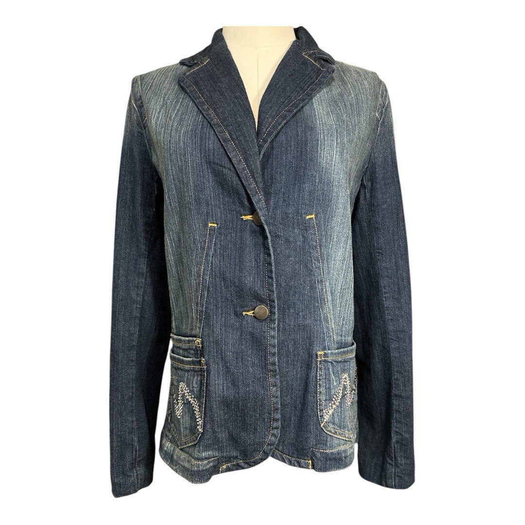 VINTAGE Denim Jean Jacket Embellished Pocket Tailored Blazer Women's Medium (9)