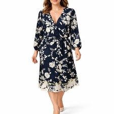 Eliza J Faux Wrap Midi Dress22W Navy Floral Belted V Neck Long Sleeve