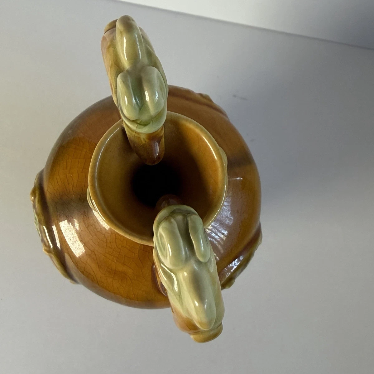 1910's Antique German Nouveau Majolica Urb Dragon Handles Vase 7.5”