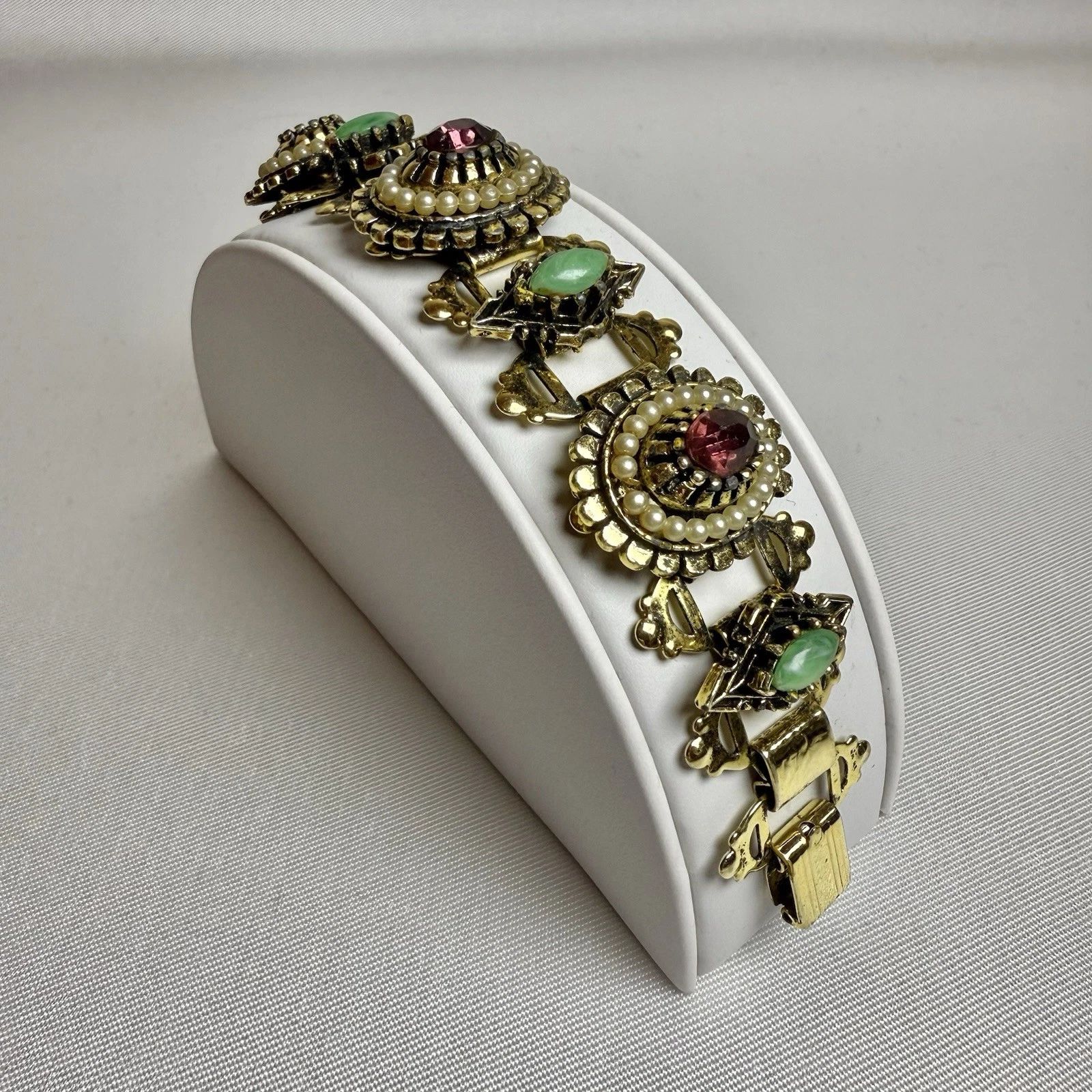Ornate Book Link Green Citrine Faux Pearl Chunky Vintage Bracelet Jewelry Br130
