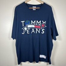 Vintage 90s Tommy Hilfiger Jeans Flag Logo T-Shirt Navy Blue Size Large Earth