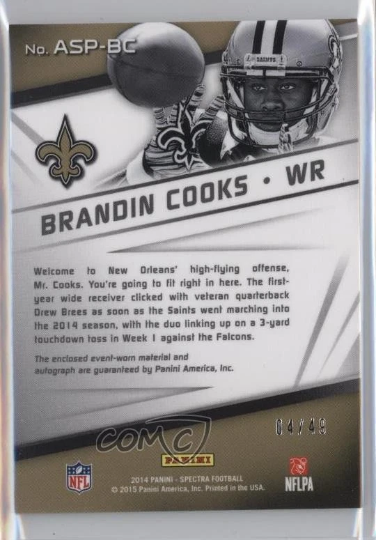 2014 Spectra Aspiring Signatures Materials /49 Brandin Cooks Rookie Auto RC - Image 2 of 2