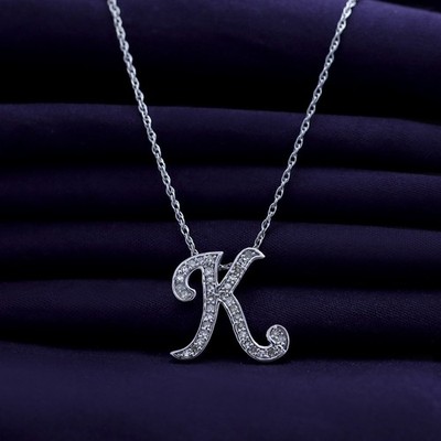 1/7 Ct Natural Diamond K Initial Pendant With 18'' Chain In Sterling Silver