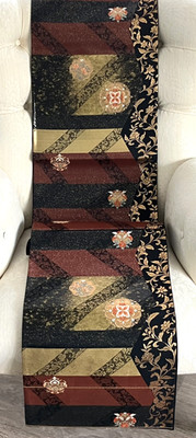 Vintage japanischer schwarz/gold/rost Seide ''Metallic Geo/Floral'' Fukuro-Obi 4 Kimono
