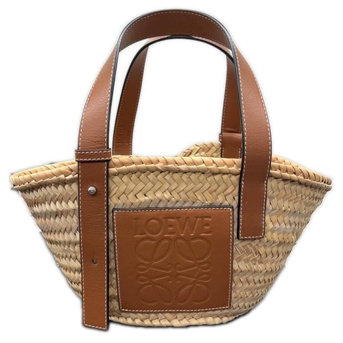 LOEWE Small Basket Bag Raffia Leather Natural Tan Tote Dust Bag Auth