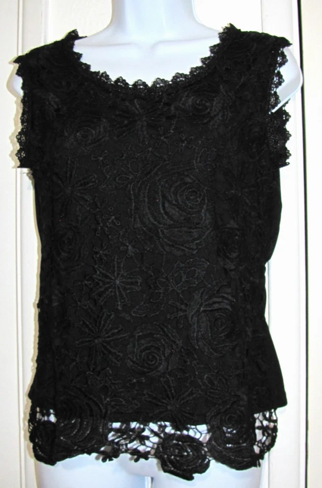 Top de encaje negro crochet boho negro forrado sin mangas dobladillo festoneado etiqueta: L se adapta a S/M Foto 2 de 4