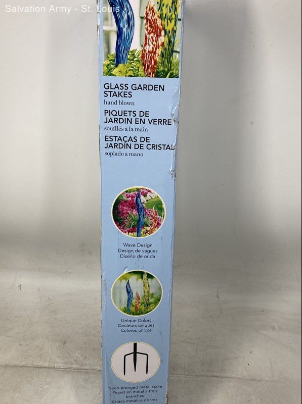 Evergreen Multicolor Hand Blown Wave Design Decor Glass Garden Stakes Set of 3