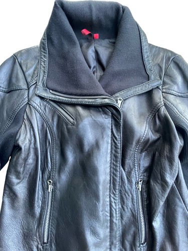 Michael Kors Black Leather Moto Jacket Women’s Size Large Mixed Media Knit Trim