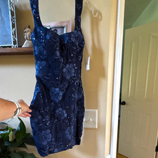 Windsor Navy Floral Sequin Embroidered Mesh Bodycon Mini Dress S CD30774