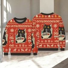 Cute Cat Eating Ramen Ugly Christmas Sweater, Funny Noodle Kitty Xmas