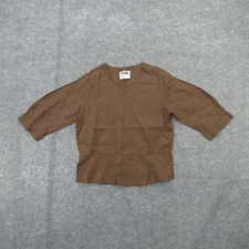 FLAX Shirt Womens P Brown 100% Linen 3/4 Sleeve Scoop Neck Top Casual Boxy