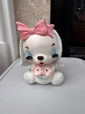 Vtg Napco Big Eye White Dog Planter JAPAN Ceramic 1950s Pink Bow c7439 Kitsch - Image 1 of 4