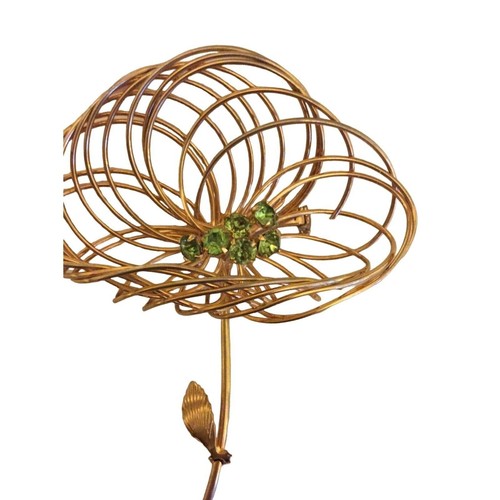 Vintage Gold-Tone Wire Flower Brooch With Green Rhinestone Accents - Picture 3 of 4