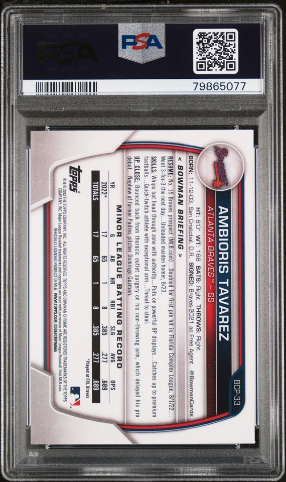 2023 Bowman Chrome #BCP33 Ambioris Tavarez 1st Bowman Pearl  PSA 10 - Image 2 of 2