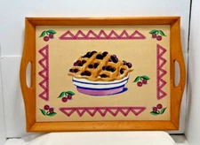Vintage Lightweight Wooden Tray Cherry Pie Patio or Kitchen Platter #3134