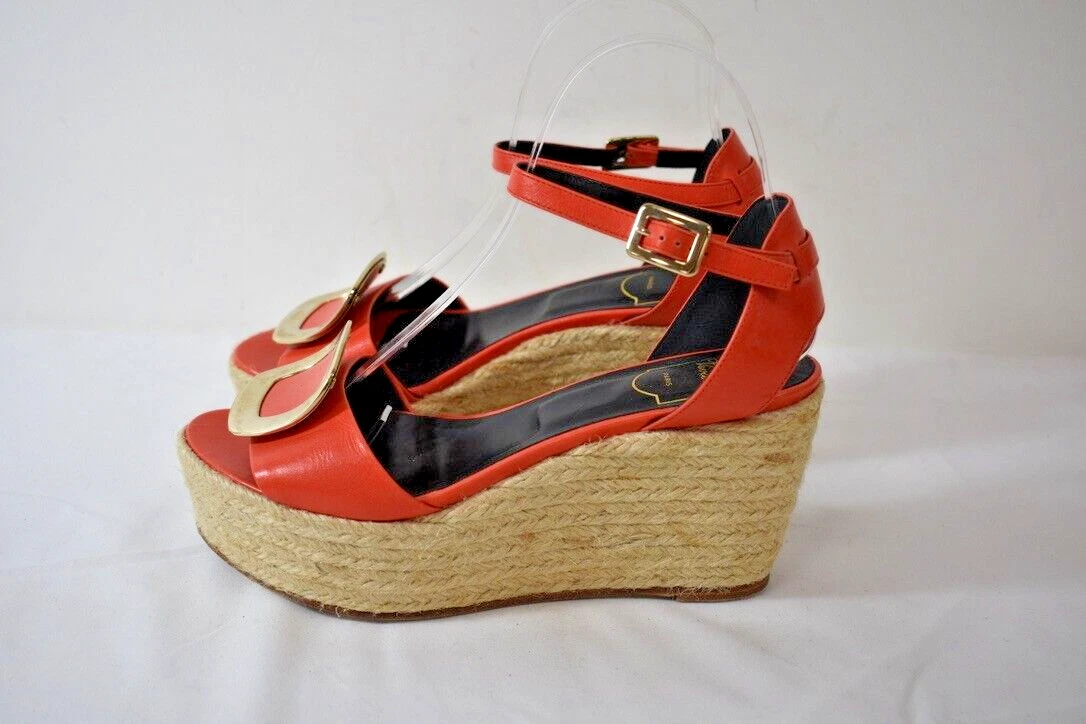 ROGER VIVIER Paris Orange Leather Wedge Shoes Size 37.5M On Sale