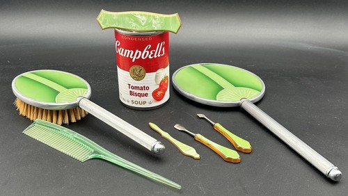 Vintage Art Deco Green Chrome Vanity Dresser Dressing Set Mirror Brush Comb - Picture 19 of 20